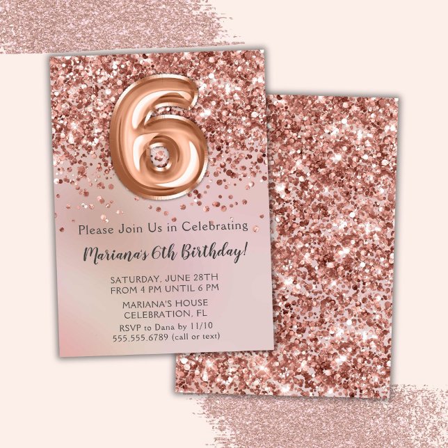 Elegant Rose Gold Kids Girl 6th Birthday Party Inv Invitation (Creator Uploaded)