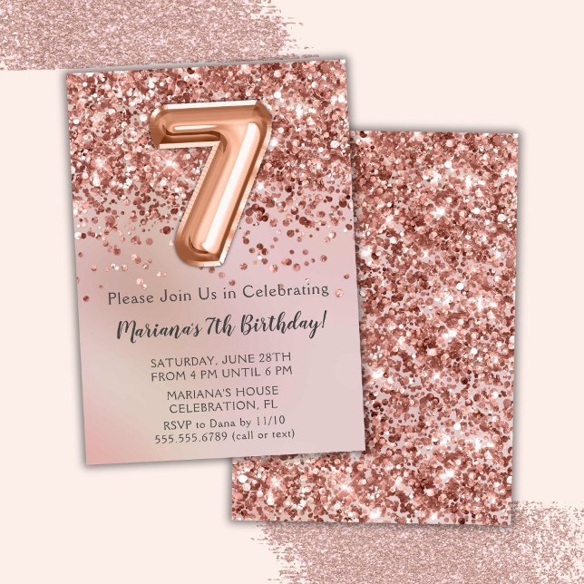 Elegant Rose Gold Kids Girl 7th Birthday Party Invitation (Creator Uploaded)