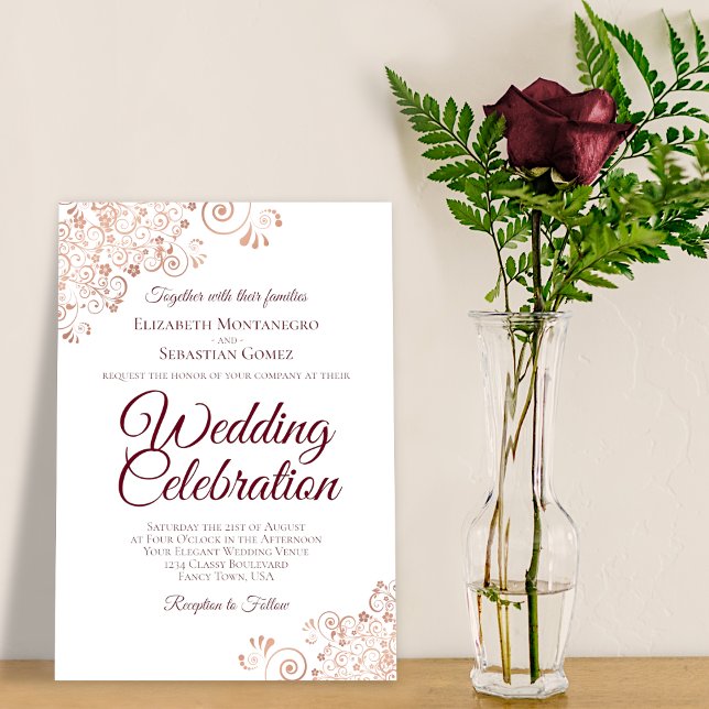 Elegant Rose Gold Lace with Burgundy Text Wedding Invitation (Creator Uploaded)