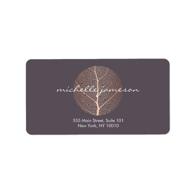 Elegant Rose Gold Leaf Logo on Purple Label (Front)
