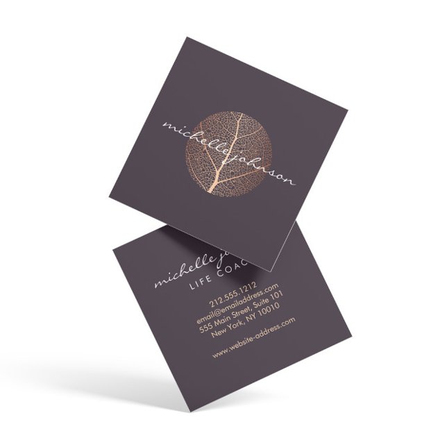 Elegant Rose Gold Leaf Logo on Purple Square Business Card (Creator Uploaded)