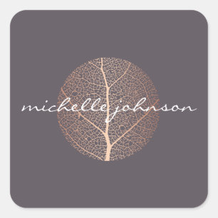 Elegant Rose Gold Leaf Logo on Purple Square Sticker