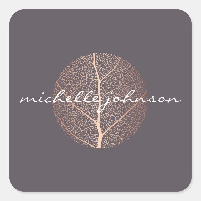 Elegant Rose Gold Leaf Logo on Purple Square Sticker (Front)