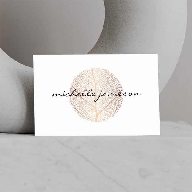 Elegant Rose Gold Leaf Logo on White Business Card (Creator Uploaded)