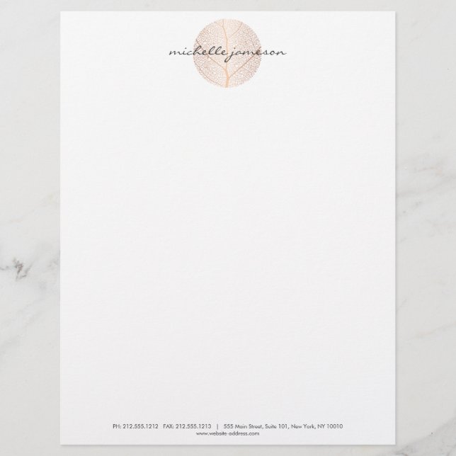 Elegant Rose Gold Leaf Logo on White Custom Letterhead (Front)