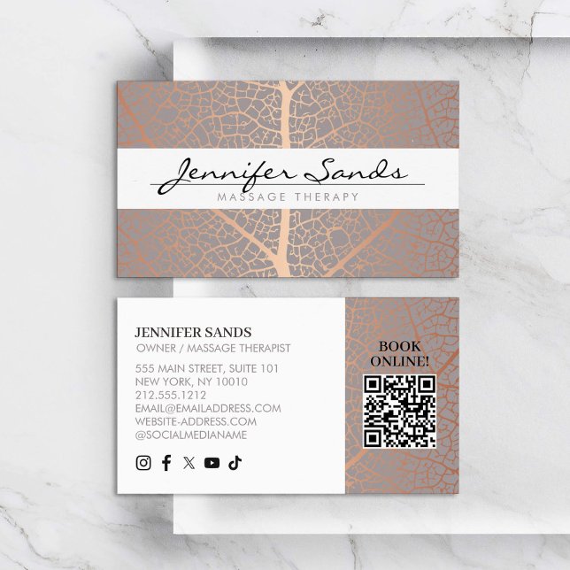 Elegant Rose Gold Leaf Tree Pattern QR Code Business Card (Creator Uploaded)