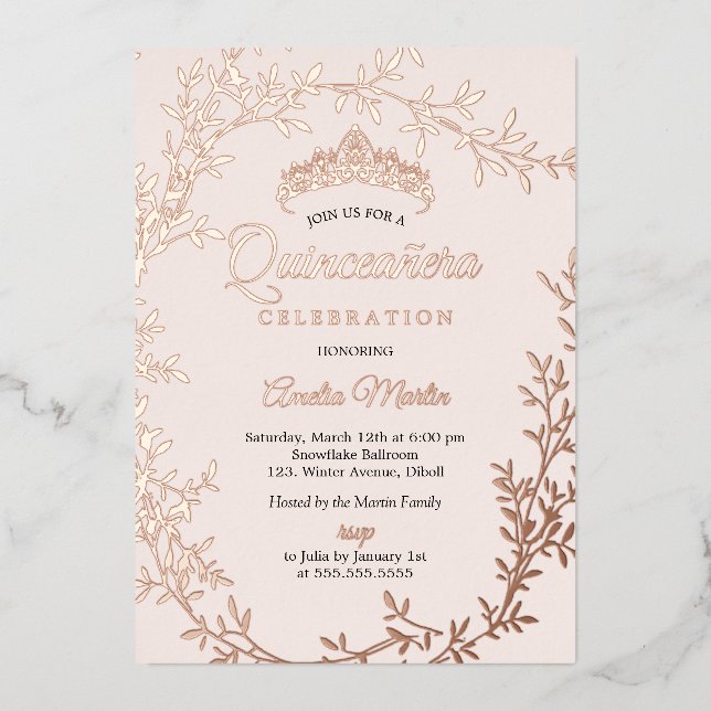 Elegant Rose Gold Leaf Wreath Quinceanera Fo (Front)