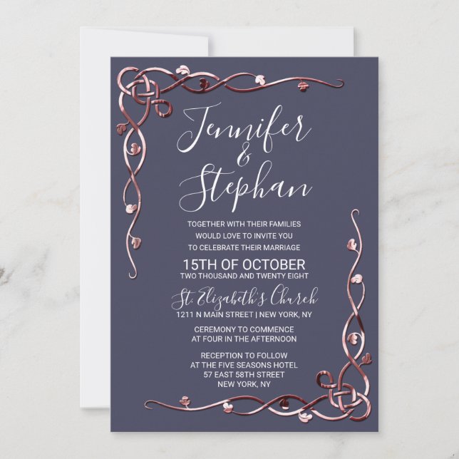 Elegant Rose Gold Leafy Vines Navy Blue Wedding Invitation (Front)