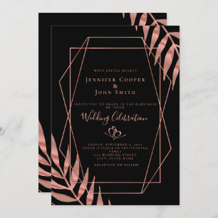 Elegant Rose Gold Leaves Black Wedding  Invitation