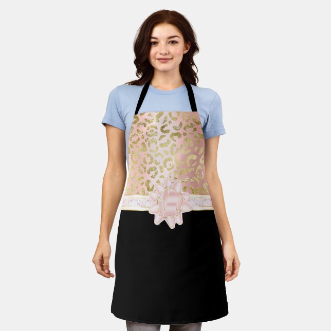 Elegant Rose Gold Leopard Pink Ribbon Black Apron (Worn)