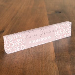 Elegant Rose Gold Leopard Print White Pattern Nameplate