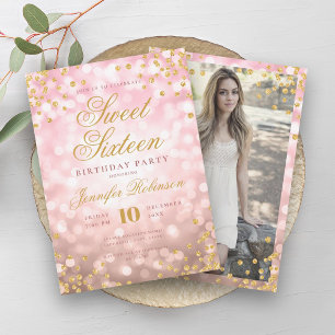 Elegant Rose Gold Lights & Gold Photo Sweet 16   Invitation