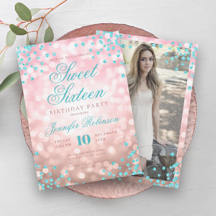 Elegant Rose Gold Lights Turquoise Sweet 16 Invitation