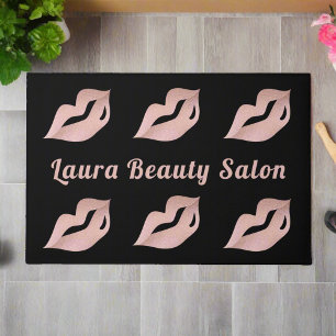 Elegant Rose Gold Lips & Black Salon Welcome Doormat