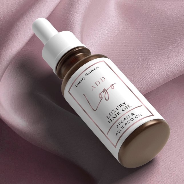 Elegant Rose Gold Logo Hair Oil 2OZ Dropper Bottle (Rose gold effect skincare product stickers with space for your logo and product ingredients)