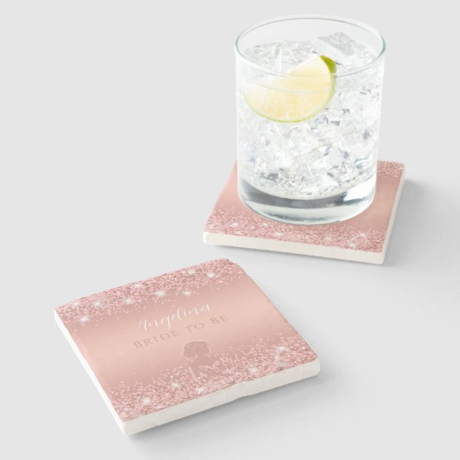 Elegant Rose Gold Luxe Shimmer Bridal Shower Stone Coaster (Side)