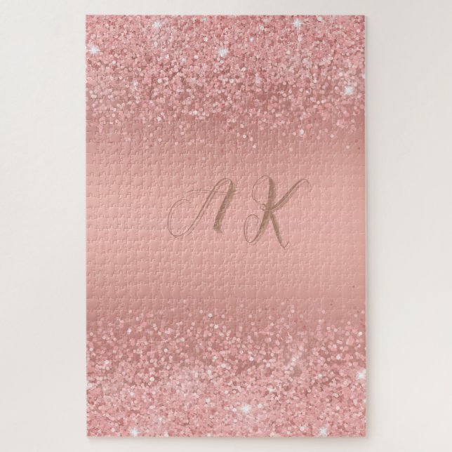 Elegant Rose Gold Luxe Shimmer Monogram Jigsaw Puzzle (Vertical)