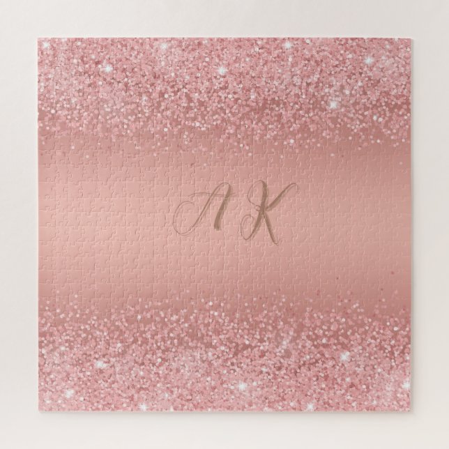 Elegant Rose Gold Luxe Shimmer Monogram Jigsaw Puzzle (Vertical)
