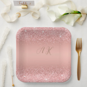 Elegant Rose Gold Luxe Shimmer Monogram Paper Plate