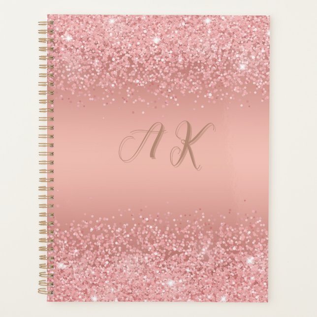 Elegant Rose Gold Luxe Shimmer Monogram Planner (Front)
