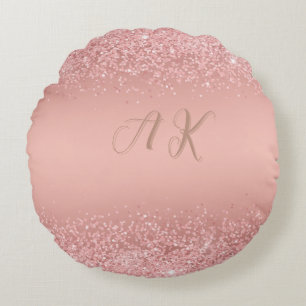 Elegant Rose Gold Luxe Shimmer Monogram  Round Cushion