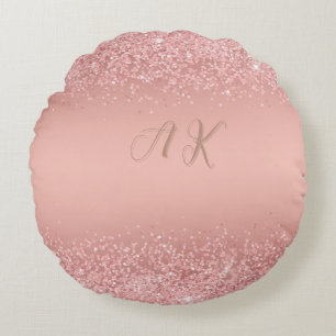 Elegant Rose Gold Luxe Shimmer Monogram Round Cushion