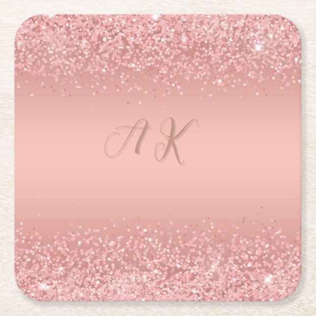  Elegant Rose Gold Luxe Shimmer Monogram Square Paper Coaster (Front)