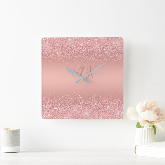 Elegant Rose Gold Luxe Shimmer Monogram  Square Wall Clock (Home)