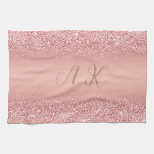 Elegant Rose Gold Luxe Shimmer Monogram  Tea Towel (Horizontal)