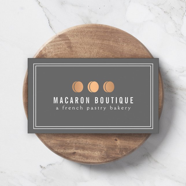 Elegant Rose Gold Macaron Trio Logo on Grey Business Card (Creator Uploaded)
