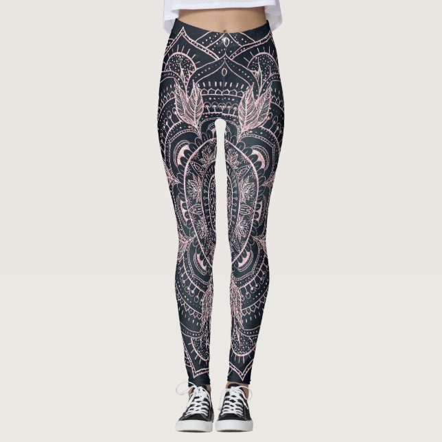 Elegant Rose Gold Mandala Gray Nebula Design Leggings (Front)