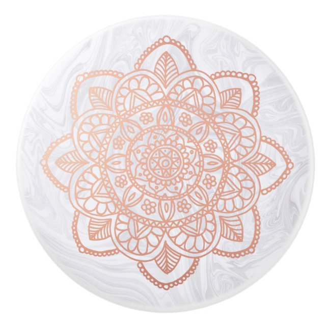 Elegant Rose Gold Mandala Marble Ceramic Knob (Front)