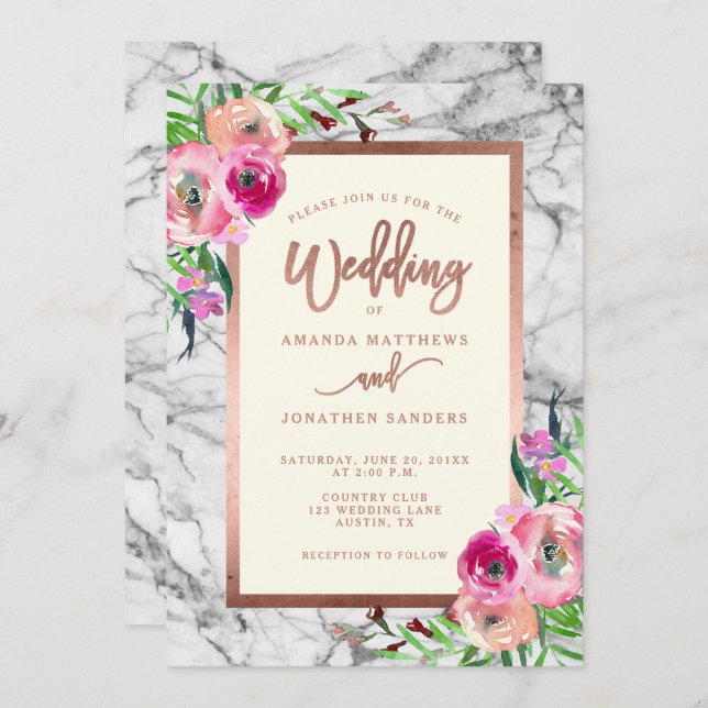 Elegant Rose Gold Marble Floral Wedding Invitation (Front/Back)