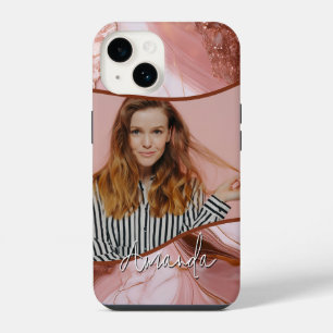 Elegant Rose Gold Marble Glitter Photo iPhone 14 Case