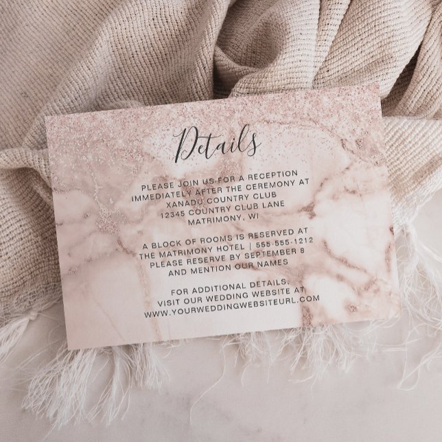 Elegant Rose Gold Marble Glitter Wedding Details Enclosure Card (Creator Uploaded)