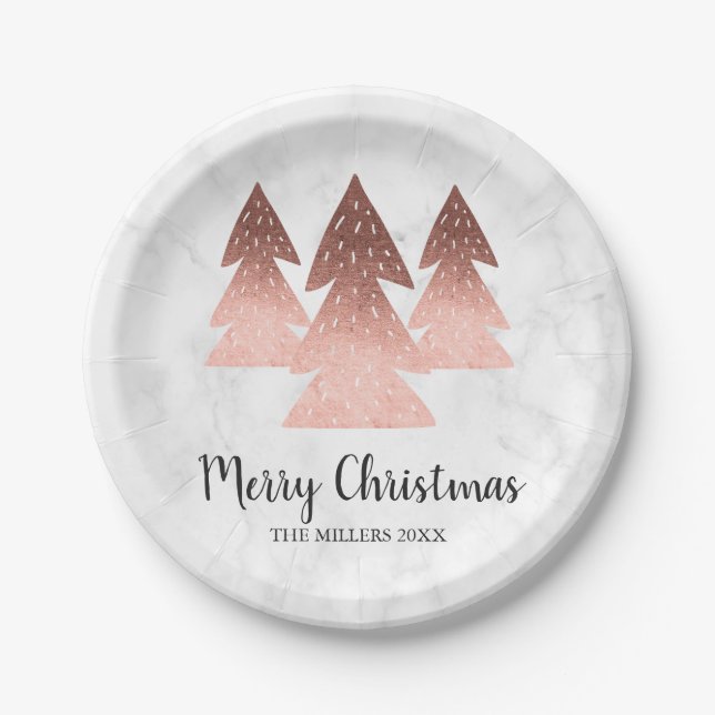 Elegant rose gold marble Merry Christmas tree Paper Plate (Front)