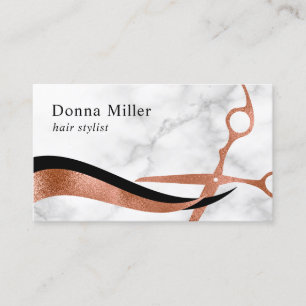 Elegant rose gold marble scissors hairstylist business card