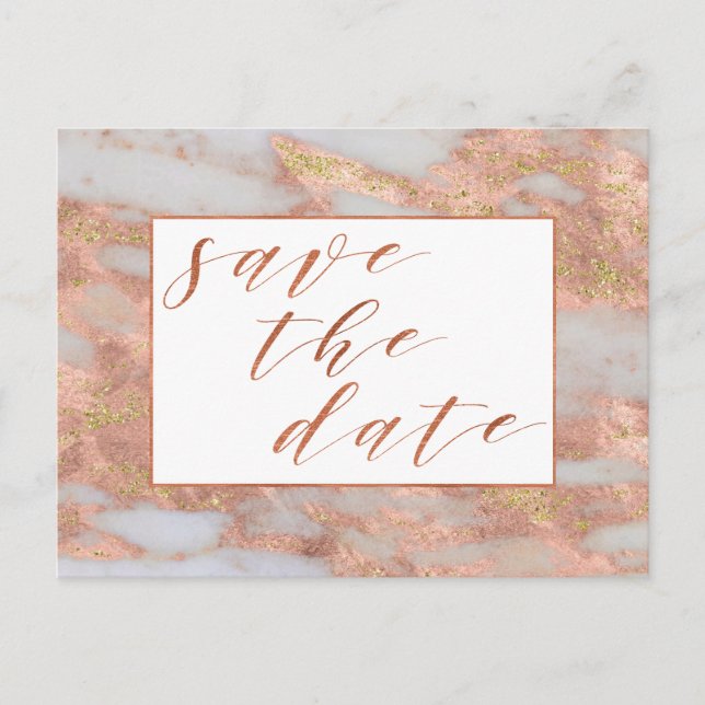 Elegant Rose Gold Marble Script Save The Date Announcement Postcard (Front)