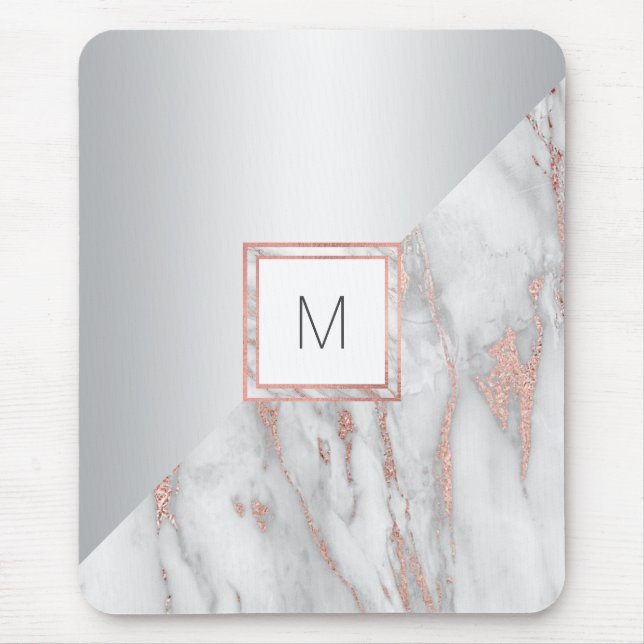 Elegant Rose Gold Marble Silver MONOGRAM Mouse Pad (Front)