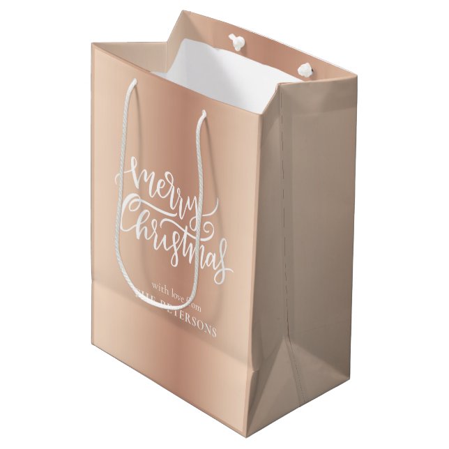 Elegant Rose Gold Merry Christmas Calligraphy Name Medium Gift Bag (Front Angled)