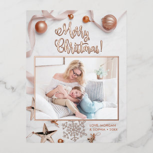 Elegant Rose Gold Merry Christmas, Photo, Message Foil Holiday Postcard