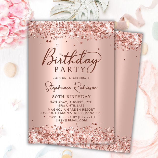 Elegant Rose Gold Metal Foil Glitter 80th Birthday Invitation (Creator Uploaded)