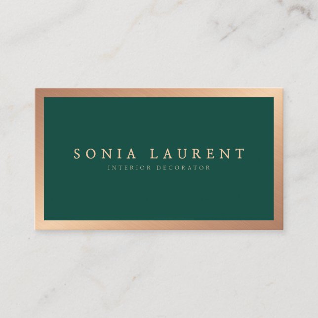 Elegant rose gold metallic forest green minimalist business card (Front)