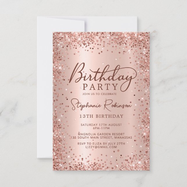 Elegant Rose Gold Metallic Glitter 13th Birthday  Invitation (Front)