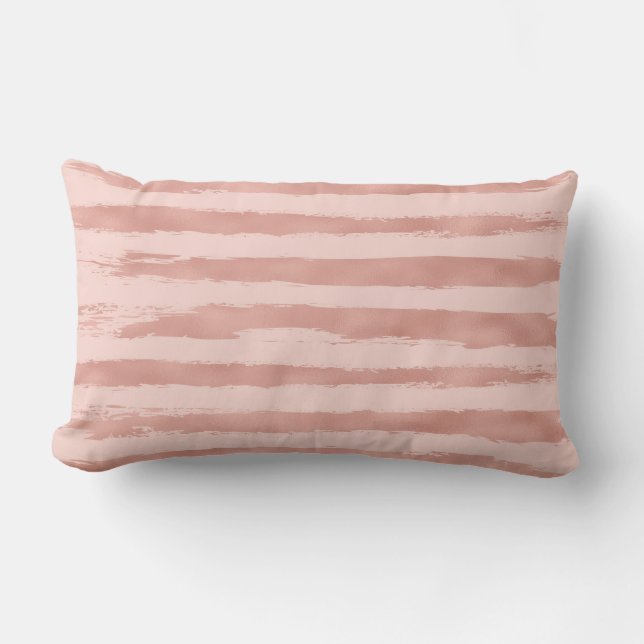 Elegant Rose Gold Metallic Handpainted Stripes Lumbar Cushion (Front)