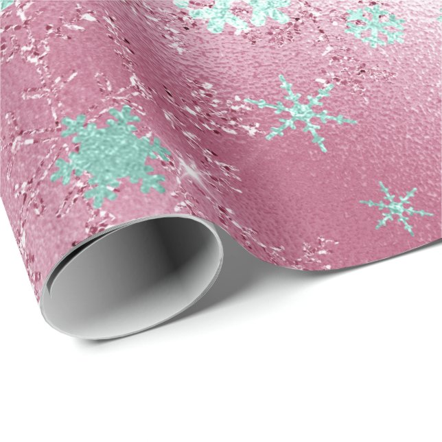 Elegant Rose Gold Mint Christmas Snowflake Pattern Wrapping Paper (Roll Corner)