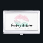 Elegant rose gold mint glitter lips makeup business card holder<br><div class="desc">Stylish makeup design featuring faux glitter texture lips and elegant calligraphy font.</div>