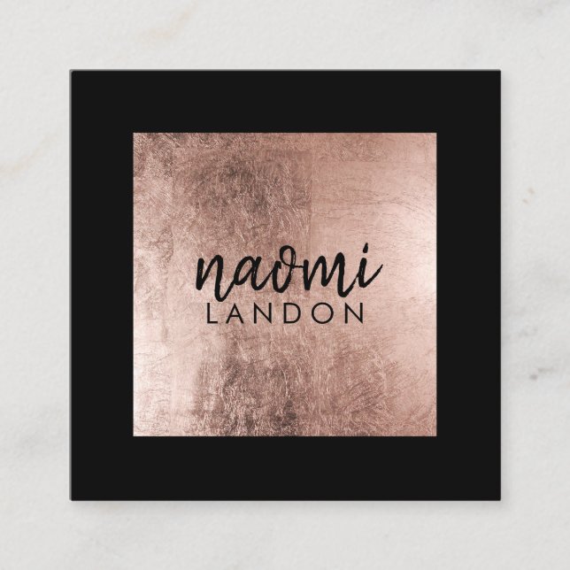 Elegant rose gold modern square minimalist black square business card (Front)