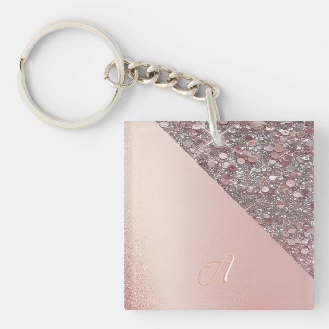 Elegant Rose Gold Monogram Button Key Ring (Front)