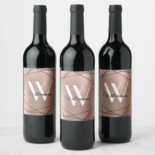 Elegant Rose Gold Monogram Geometric Name Script Wine Label